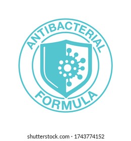 Antibacterial formula stamp - protection shield with crossed bacteries inside - vector isolated sign for antiseptic cosmetics and medical pharmaceutical products
