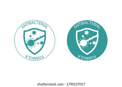 Antibacterial formula stamp set - shield with crossed bacteries inside - vector isolated sign for antiseptic cosmetics and medical pharmaceutical products. icon. EPS 10