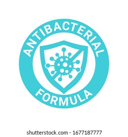 Sello de fórmula antibacteriana - escudo con bacterias cruzadas en el interior - signo aislado vectorial para cosméticos antisépticos y productos farmacéuticos médicos