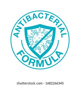 Antibacterial formula stamp - shield with crossed drawn bacteria inside - vector isolated sign for antiseptic cosmetics and medical pharmaceutical products