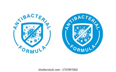Antibacterial formula stamp, shield with crossed bacteries inside. Vector isolated sign for antiseptic cosmetics and medical pharmaceutical products