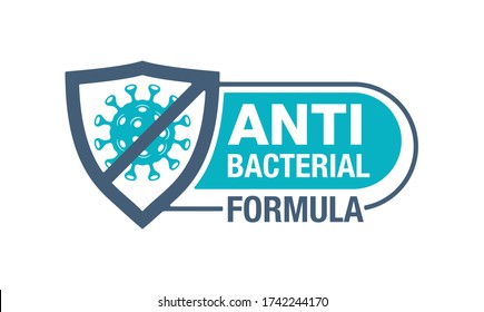 Antibacterial formula stamp - shield with crossed virus inside - vector isolated sign for antiseptic cosmetics and medical pharmaceutical products