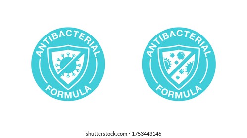 Antibacterial formula stamp - shield with crossed bacteria inside - vector isolated sign for antiseptic cosmetics and medical pharmaceutical products