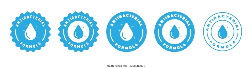 Antibacterial formula sticker, sign or label. Antibacterial soap or antiseptic gel. Cleaning hands. Hygiene products. Vector icon set