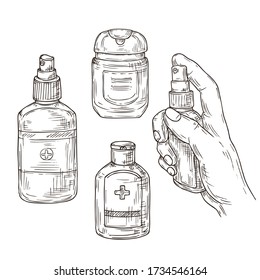  Antibacterial gel and antiseptic sanitizer spray. Hands disinfection. Vector isolated elements. Hand drawn sketch illustration.