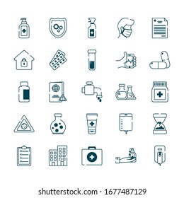 antibacterial gel bottle and covid 19 concept icon set over white background, line style, vector illustration