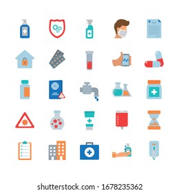 antibacterial gel bottle and covid 19 concept icon set over white background, flat style, vector illustration