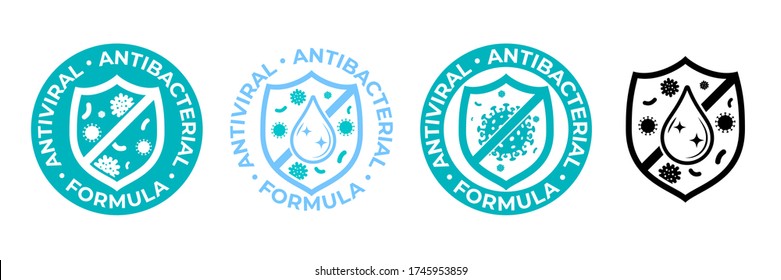 Antibacterial Hand Gel Icon, Anti Bacterial Antiseptic Wash, Vector Logo. Covid Coronavirus Clean Hygiene Label, Antiviral Sanitizer Protection Shield Sign, Medical Antibacterial Alcohol Hand Wash