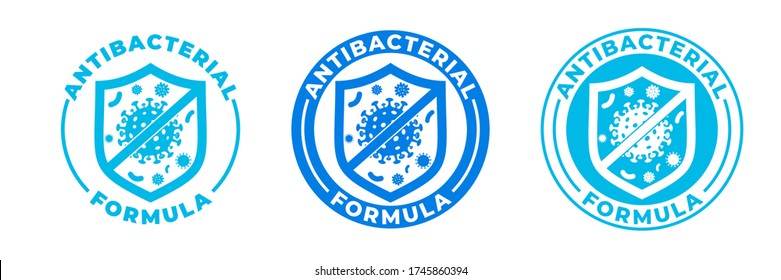 Antibacterial hand gel icon, vector shield logo, anti bacterial formula antiseptic hand wash. Covid coronavirus clean hygiene medical protection shield label, antibacterial alcohol sanitizer