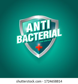 Antibacterial hand sanitizer logo. Sanitizer gel, antiseptic label. Green and silver glossy shield with letters and medical cross. 