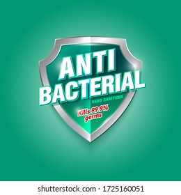 Antibacterial hand sanitizer logo. Sanitizer gel, antiseptic label. Green and silver glossy shield with letters. 