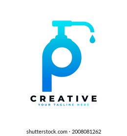 Logotipo de Sanitizer de manos antibacterianas. Letra inicial P con el logotipo del nivelador de mano.