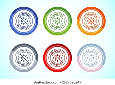 Antibacterial icon design illustration, Hygiene label symbol for product packaging, 6 color button design set