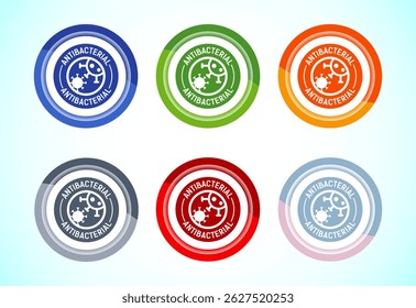 Antibacterial icon design illustration, Hygiene label symbol for product packaging, 6 color button design set