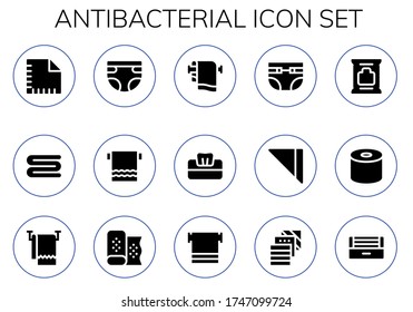 Antibacterial Icon Set. 15 Filled Antibacterial Icons. Included Napkin, Towel, Diaper, Tissue, Diapers, Wipes, Fabric, Ultraviolet Icons