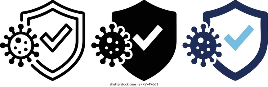 Anti-bacterial Icon Set Virus Protection Shield Flat Vector Outline and Silhouette
