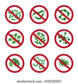 Antibacterial Icons With Germ. Bacteria Kill Vector Symbol. Control Infection Signs. Set Of Antibacterial Symbol And Illustration Of Antibacterial Ban
