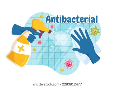 Antibacterial Illustration with Washing Hands, Virus Infection and Microbes Bacterias Control in Hygiene Healthcare Flat Cartoon Hand Drawn Templates