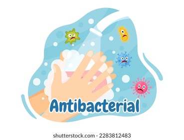 Antibacterial Illustration with Washing Hands, Virus Infection and Microbes Bacterias Control in Hygiene Healthcare Flat Cartoon Hand Drawn Templates