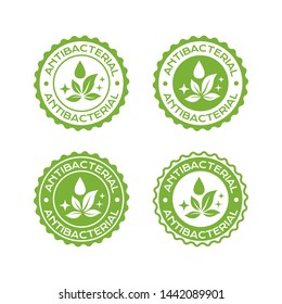 Antibacterial labels set. Vector badges with clean leaves, drop and sparklers sign for package design.