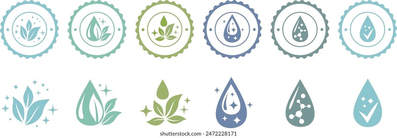 Antibacterial labels set. Vector badges with clean drop with fresh leaves and sparklers for package design.