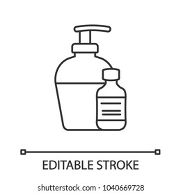 Antibacterial liquid and soap linear icon. Thin line illustration. Tattoo aftercare. Contour symbol. Vector isolated outline drawing. Editable stroke