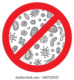 Antibacterial, no bacteria and antiviral icon doodle. Bacteria and germs virus set, micro-organisms disease-causing. Defense icon. Stop bacteria and viruses prohibition sign. Antiseptic doodle icon.