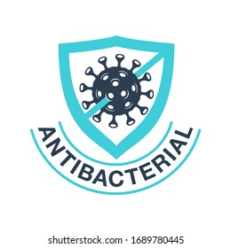 Icono de protección antibacteriana - escudo con bacterias víricas cruzadas en el interior - signo aislado vectorial para cosméticos antisépticos y productos farmacéuticos médicos