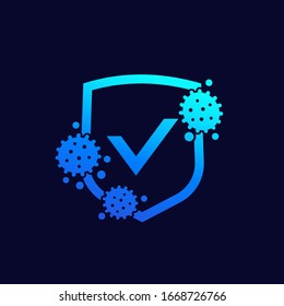 antibacterial protection icon, shield and virus vector