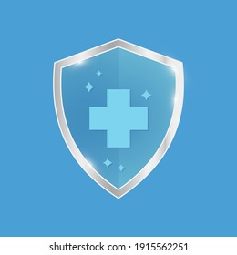 Antibacterial sanitizer or antiseptic label. Antimicrobial, resistant badge. Symbol of protection. Blue, glossy shield with silver trim. Heraldic element. Medical protection shield with cross sign