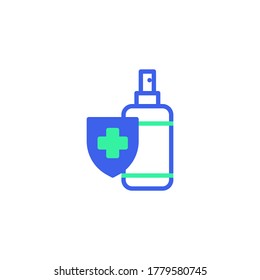 Vector de icono del frasco de sanitizador antibacteriano, signo plano relleno, pictograma bicolor del gel del sanitizador de alcohol, color verde y azul. Símbolo, ilustración de logotipo