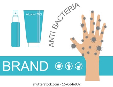 Anti-Bacterial Sanitizer Spray And Hand Gel Dispenser, Infection Control Concept. Sanitizer To Prevent Colds, Virus, Coronavirus, Flu. There’s A Hand That Full With Germs On The Right And Various Icon