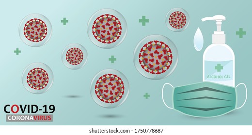 Anti-Bakterielle Sanitisierer Spray.Alkohol Gel und Gesichtsmaske.Infektionskontrollkonzept, Corona Virus, 2019-nCoV. Vektorgrafik.