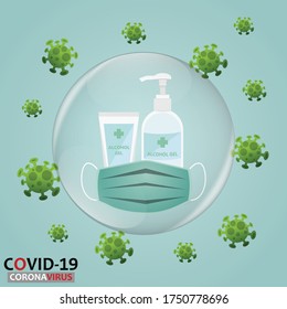 Anti-Bacterial Sanitizer Spray.Alcohol Gel And Face Mask.Infection Control Concept, Corona Virus, 2019-nCoV. Vector Illustration.