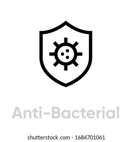 Anti-Bacterial Shield Icon. Editable Line Vector. Stylized Shield Element With A Microbe Symbol. Single Pictogram.