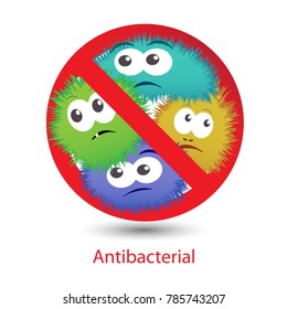 Antibacterial sign with funny colorful cartoon bacteria. Vector illustration