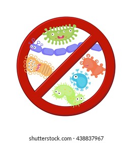 Antibacterial sign with a set of cartoon bacteria. Bacteria kill symbol.