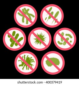 Antibacterial sign set. Antibacterial sign with a funny green cartoon bacteria. Isolated vector illustration. Bacteria kill symbol. Control infection. Germ kill. Infection icon. Coat isolated.