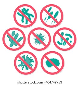 Grupo de signos antibacterianos.Signo antibacteriano con una divertida bacteria de caricatura verde. Ilustración vectorial aislada. Las bacterias matan el símbolo. Controlar la infección. Matar a los gérmenes. Icono de infección. Abrigo aislado.