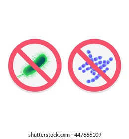 Antibacterial sign set. Antibacterial sign with a funny green cartoon bacteria. Isolated vector illustration. Bacteria kill symbol. Control infection. Germ kill. Infection icon. Coat isolated.