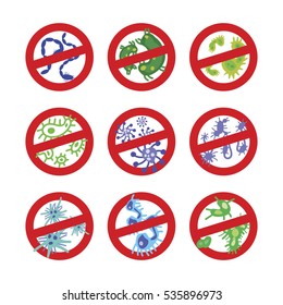 Antibacterial Sign Set. Antibacterial Sign With A Funny Green Cartoon Bacteria. Isolated Vector Illustration. Bacteria Kill Symbol. Control Infection. Germ Kill. Infection Icon. Coat Isolated.