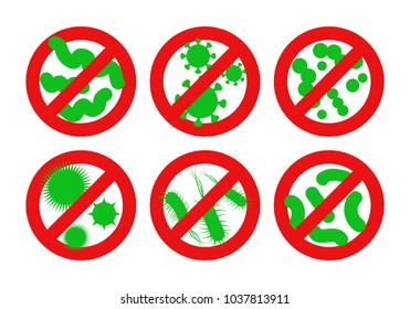 Antibacterial sign. Stop bacteria red alert circle with germs. Vector illustration for your design.
