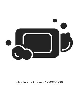 Antibacterial soap bar with bubbles black glyph icon. Hygiene product. Pictogram for web page, mobile app, promo. UI UX GUI design element. 