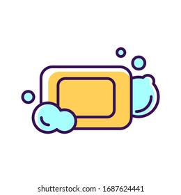 Antibacterial soap bar with bubbles color line icon. Hygiene product. Pictogram for web page, mobile app, promo. UI UX GUI design element. 