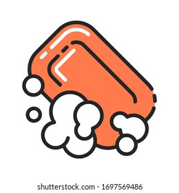 Antibacterial soap bar with bubbles color line icon. Hygiene product. Pictogram for web page, mobile app, promo. Editable stroke