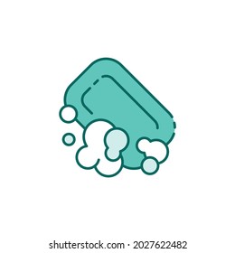 Antibacterial soap bar with bubbles color line icon.