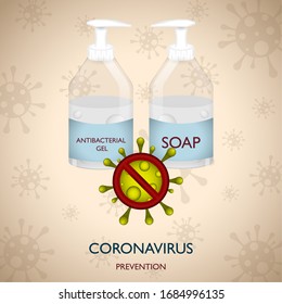 Antibacterial or soap bottle. Coronavirus prevention poster - Vector