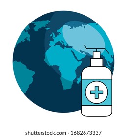 antibacterial soap bottle with world planet vector illustration design