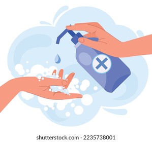 Antibacterial soap concept. Health care, cleanliness and hygiene. Prevention and control of covid and other viral diseases. Medical poster or banner for website. Cartoon flat vector illustration