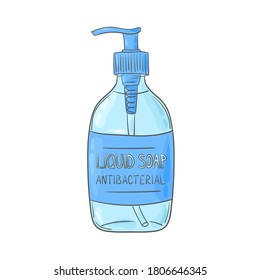 Jabón antibacteriano para las manos. Frasco de jabón líquido. Doodles médicos. Protección contra el coronavirus. Prevención de la propagación del Covid-19.